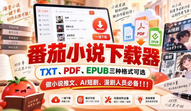 番茄小说下载器，TXT、PDF、EPUB三种格式可选，做小说推文、AI短剧、漫剧人员必备！！！网创吧-网创项目资源站-副业项目-创业项目-搞钱项目网创吧