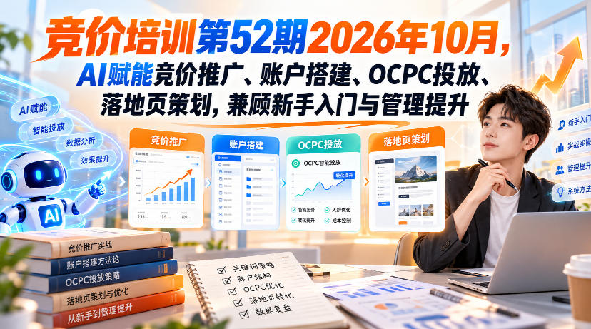 【无水印】竞价培训第52期2026年10月,AI赋能竞价推广、账户搭建、OCPC投放、落地页策划,兼顾新手入门与管理提升网创吧-网创项目资源站-副业项目-创业项目-搞钱项目网创吧