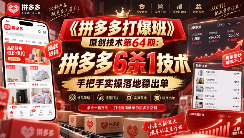 《拼多多打爆班》原创技术第64期:拼多多6杀1技术,手把手实操落地稳出单网创吧-网创项目资源站-副业项目-创业项目-搞钱项目网创吧