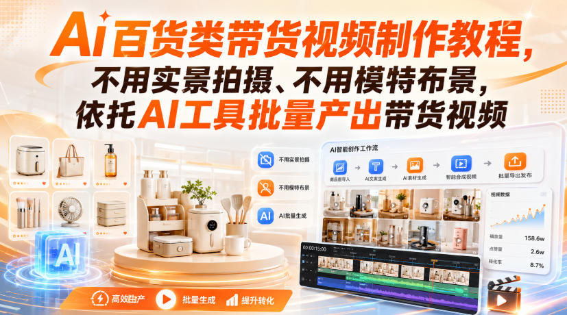 Ai百货类带货视频制作教程,不用实景拍摄、不用模特布景,依托AI工具批量产出带货视频网创吧-网创项目资源站-副业项目-创业项目-搞钱项目网创吧