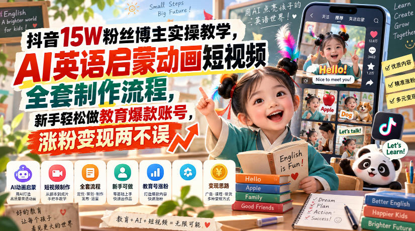 抖音15W粉丝博主实操教学,AI英语启蒙动画短视频全套制作流程,新手轻松做教育爆款账号,涨粉变现两不误网创吧-网创项目资源站-副业项目-创业项目-搞钱项目网创吧
