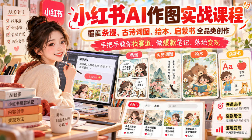 小红书AI作图实战课程,覆盖条漫、古诗词图、绘本、启蒙书全品类创作,手把手教你找赛道、做爆款笔记、落地变现网创吧-网创项目资源站-副业项目-创业项目-搞钱项目网创吧
