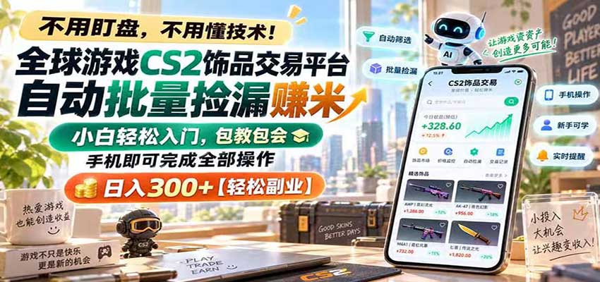 全球游戏CS2饰品交易平台自动批量捡漏赚米，手机即可完成全部操作，日入300+网创吧-网创项目资源站-副业项目-创业项目-搞钱项目网创吧