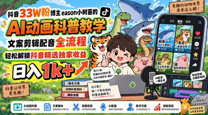 抖音33W粉博主eason小树苗的AI动画科普教学,文案剪辑配音全流程,轻松解锁抖音精选独家收益,日入1k+网创吧-网创项目资源站-副业项目-创业项目-搞钱项目网创吧