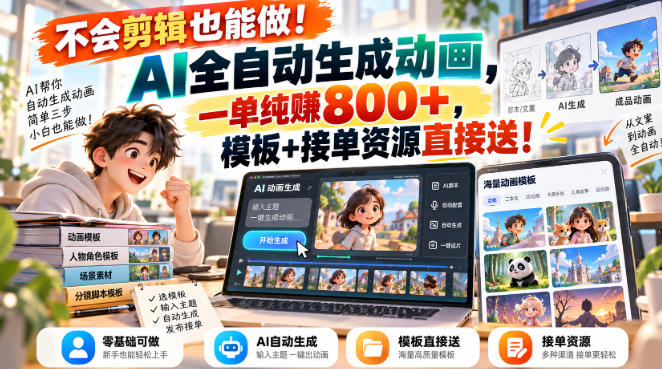 不会剪辑也能做!AI全自动生成动画,一单纯賺800+,模板+接单资源直接送!【揭秘】网创吧-网创项目资源站-副业项目-创业项目-搞钱项目网创吧