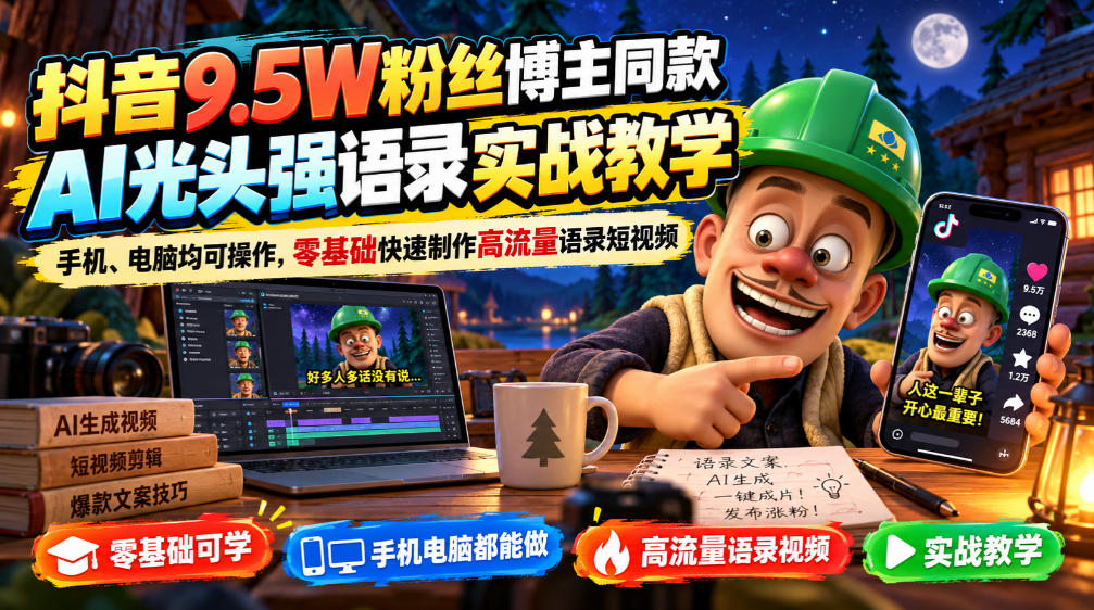 抖音9.5W粉丝博主同款AI光头强语录实战教学,手机、电脑均可操作,零基础快速制作高流量语录短视频网创吧-网创项目资源站-副业项目-创业项目-搞钱项目网创吧