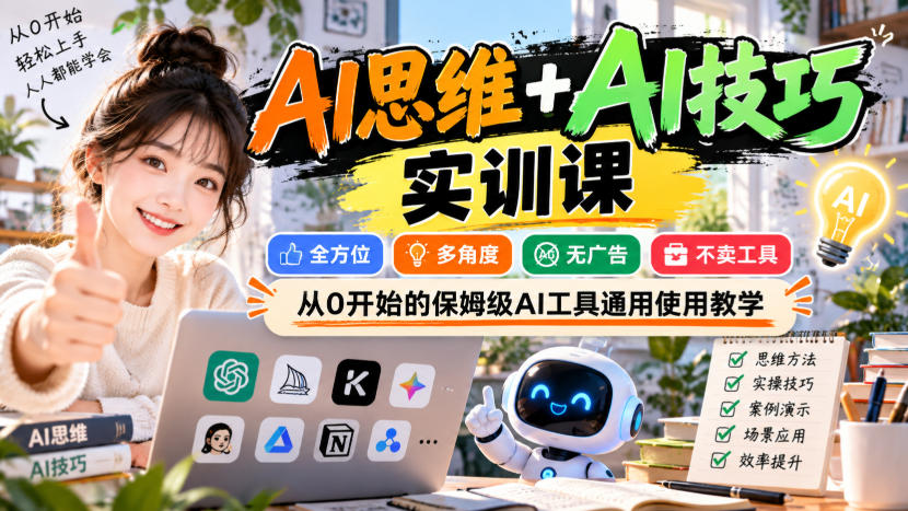 AI思维+AI技巧实训课,全方位、多角度、无广告、不卖工具,从0开始的保姆级AI工具通用使用教学网创吧-网创项目资源站-副业项目-创业项目-搞钱项目网创吧