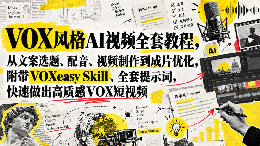 VOX风格AI视频全套教程，从文案选题、配音、视频制作到成片优化，附带VOXeasy Skill、全套提示词，快速做出高质感VOX短视频网创吧-网创项目资源站-副业项目-创业项目-搞钱项目网创吧