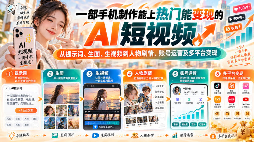 【无水印】一部手机制作能上热门能变现的AI短视频,从提示词、生图、生视频到人物剧情、账号运营及多平台变现网创吧-网创项目资源站-副业项目-创业项目-搞钱项目网创吧