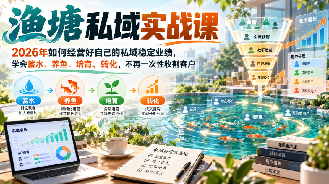 渔塘私域实战课,2026年如何经营好自己的私域稳定业绩,学会蓄水、养鱼、培育、转化,不再一次性收割客户网创吧-网创项目资源站-副业项目-创业项目-搞钱项目网创吧
