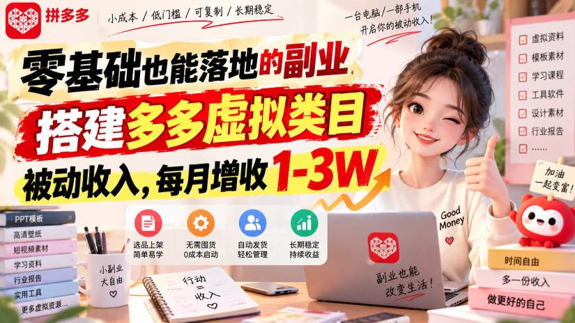 零基础也能落地的副业,搭建多多虚拟类目被动收入,每月增收1-3W【揭秘】网创吧-网创项目资源站-副业项目-创业项目-搞钱项目网创吧