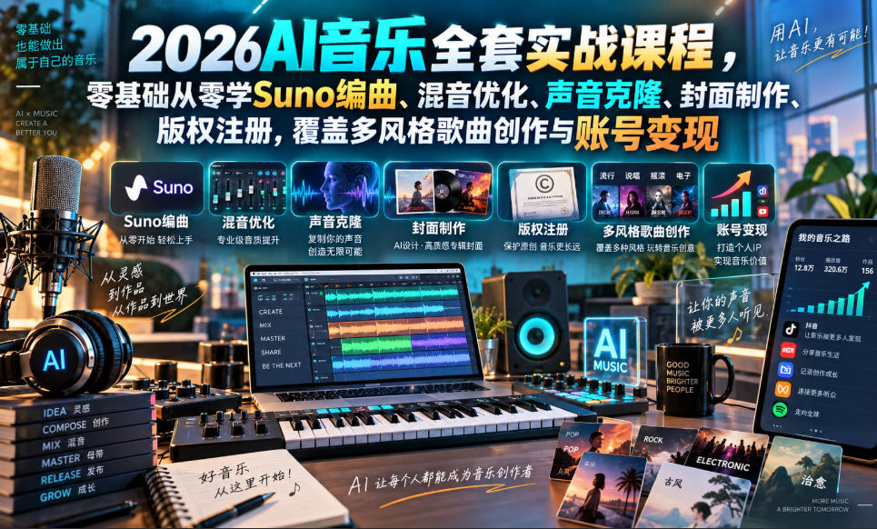 2026AI音乐实战课程，零基础从零学Suno编曲、混音优化、声音克隆、版权注册，覆盖多风格歌曲创作与账号变现网创吧-网创项目资源站-副业项目-创业项目-搞钱项目网创吧