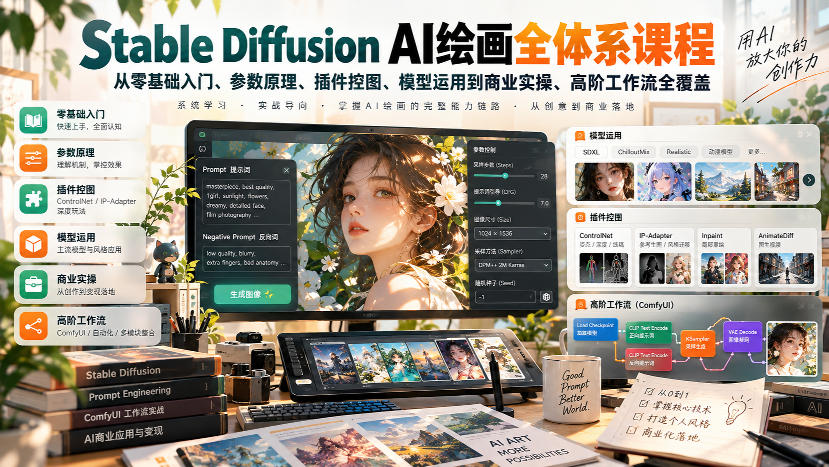 【无水印】Stable Diffusion AI绘画全体系课程，从零基础入门、参数原理、插件控图、模型运用到商业实操、高阶工作流全覆盖网创吧-网创项目资源站-副业项目-创业项目-搞钱项目网创吧