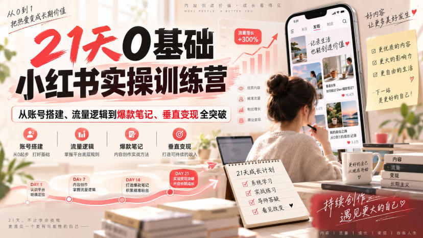 21天0基础小红书实操训练营|从账号搭建、流量逻辑到爆款笔记、垂直变现全突破网创吧-网创项目资源站-副业项目-创业项目-搞钱项目网创吧