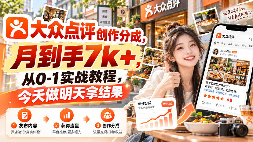 大众点评创作分成，月到手7k+，从0-1实战教程，今天做明天拿结果网创吧-网创项目资源站-副业项目-创业项目-搞钱项目网创吧