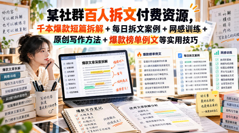 某社群百人拆文付费资源,千本爆款短篇拆解+每日拆文案例+网感训练+原创写作方法+爆款榜单例文等实用技巧(持续更新)网创吧-网创项目资源站-副业项目-创业项目-搞钱项目网创吧
