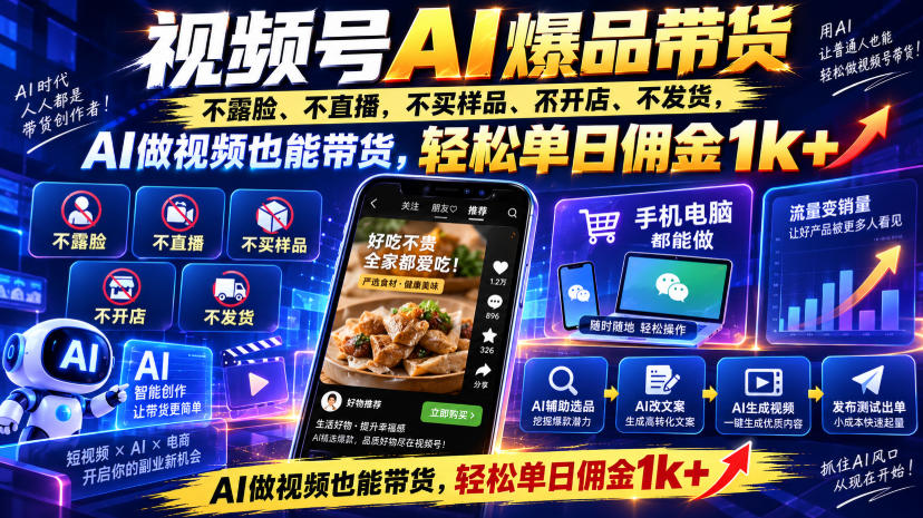 视频号Ai爆品带货，不露脸、不直播、不买样品、不开店、不发货，AI做视频也能带货，轻松单日佣金1k+网创吧-网创项目资源站-副业项目-创业项目-搞钱项目网创吧