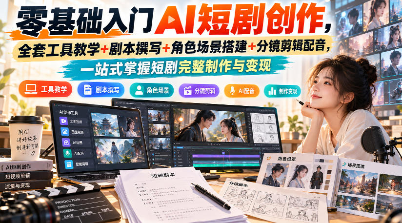 零基础入门AI短剧创作,全套工具教学+剧本撰写+角色场景搭建+分镜剪辑配音,一站式掌握短剧完整制作与变现网创吧-网创项目资源站-副业项目-创业项目-搞钱项目网创吧