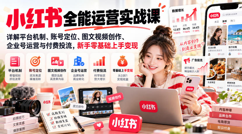 小红书全能运营实战课,详解平台机制、账号定位、图文视频创作、企业号运营与付费投流,新手零基础上手变现网创吧-网创项目资源站-副业项目-创业项目-搞钱项目网创吧
