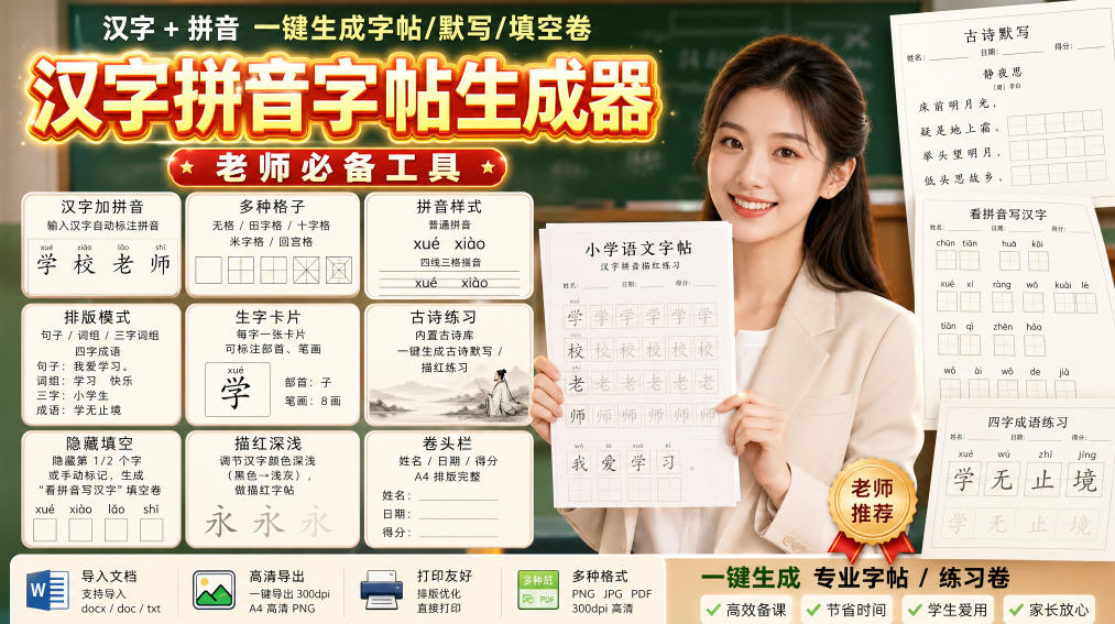学习神器,汉字拼音字帖生成器,汉字+拼音 一键生成字帖/默写/填空卷,支持词组、成语,老师、家长必备网创吧-网创项目资源站-副业项目-创业项目-搞钱项目网创吧