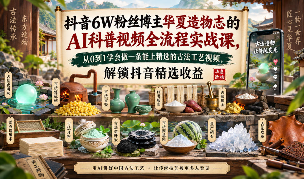 抖音6W粉丝博主华夏造物志的AI科普视频全流程实战课,从0到1学会做一条能上精选的古法工艺视频,解锁抖音精选收益网创吧-网创项目资源站-副业项目-创业项目-搞钱项目网创吧