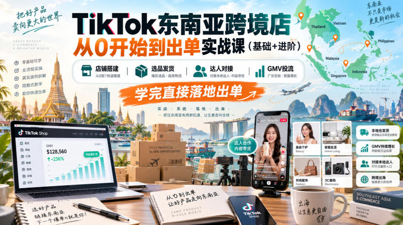 TikTok东南亚跨境店从0开始到出单实战课(基础+进阶),店铺搭建、选品发货、达人对接、GMV投流,学完直接落地出单网创吧-网创项目资源站-副业项目-创业项目-搞钱项目网创吧