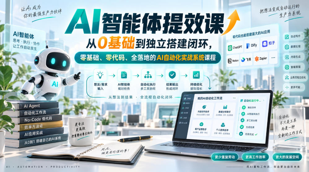 AI智能体提效课，从0基础到独立搭建闭环，零基础、零代码、全落地的AI自动化实战系统课程网创吧-网创项目资源站-副业项目-创业项目-搞钱项目网创吧