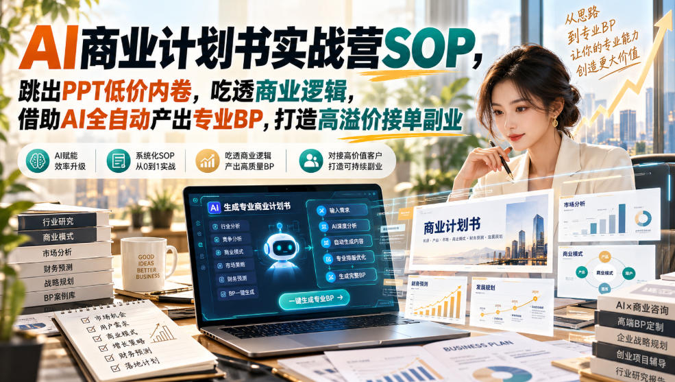 【无水印】AI商业计划书实战营SOP，跳出PPT低价内卷，吃透商业逻辑，借助AI全自动产出专业BP，打造高溢价接单副业网创吧-网创项目资源站-副业项目-创业项目-搞钱项目网创吧