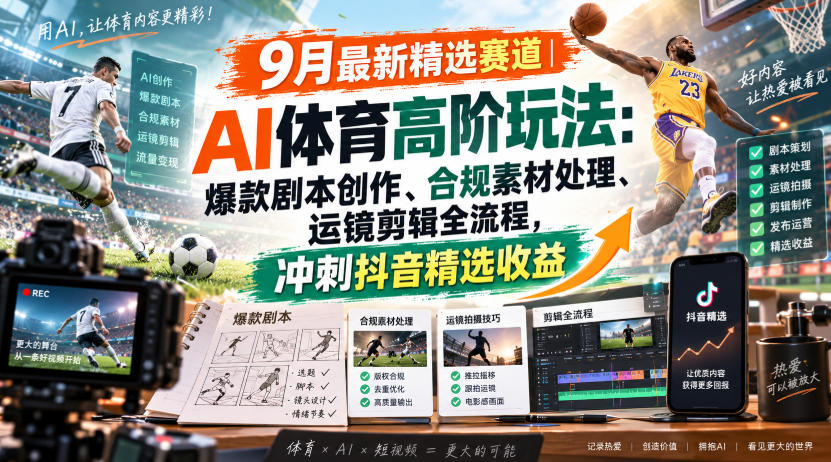 某大佬的9月最新精选赛道之AI体育顶级玩法,爆款剧本创作、版权规避、运镜剪辑全流程,稳拿抖音精选收益网创吧-网创项目资源站-副业项目-创业项目-搞钱项目网创吧