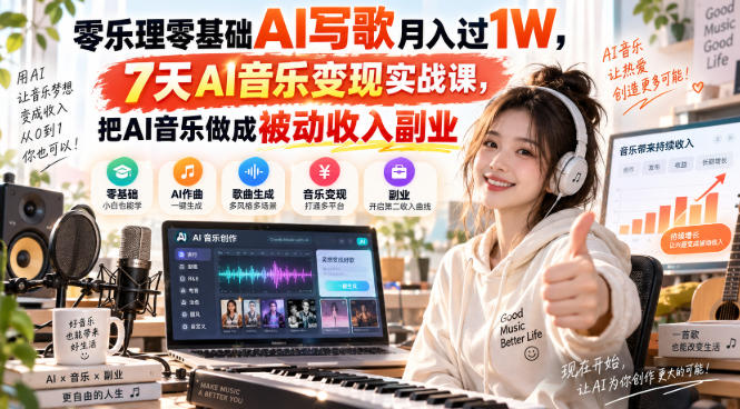 零乐理零基础AI写歌月入过1W,7天AI音乐变现实战课,把AI音乐做成被动收入副业网创吧-网创项目资源站-副业项目-创业项目-搞钱项目网创吧