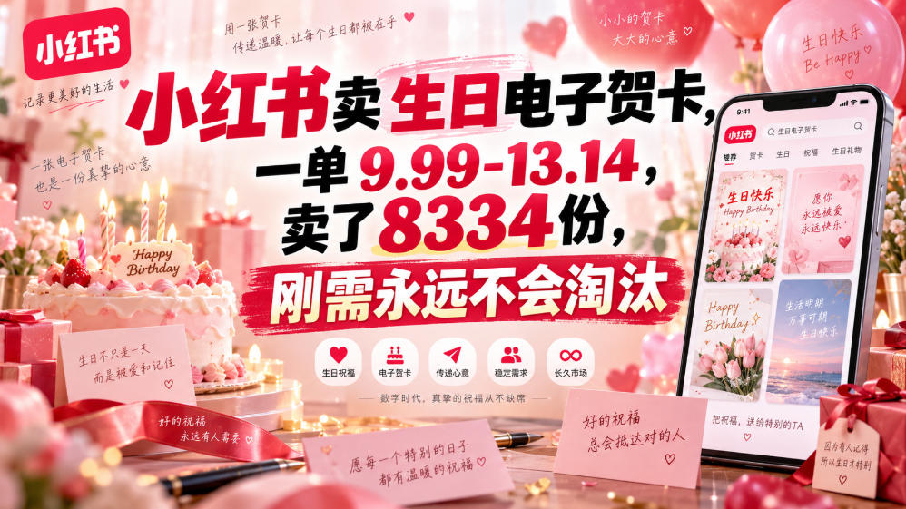 小红书卖生日电子贺卡,一单9.99-13.14,卖了8334份,刚需永远不会淘汰网创吧-网创项目资源站-副业项目-创业项目-搞钱项目网创吧