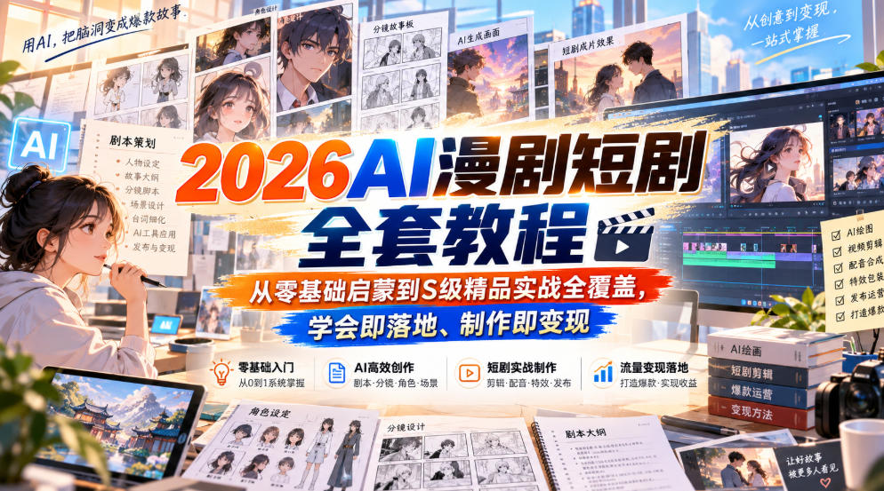 【无水印】2026AI漫剧短剧全套教程，从零基础启蒙到S级精品实战全覆盖，学会即落地、制作即变现网创吧-网创项目资源站-副业项目-创业项目-搞钱项目网创吧