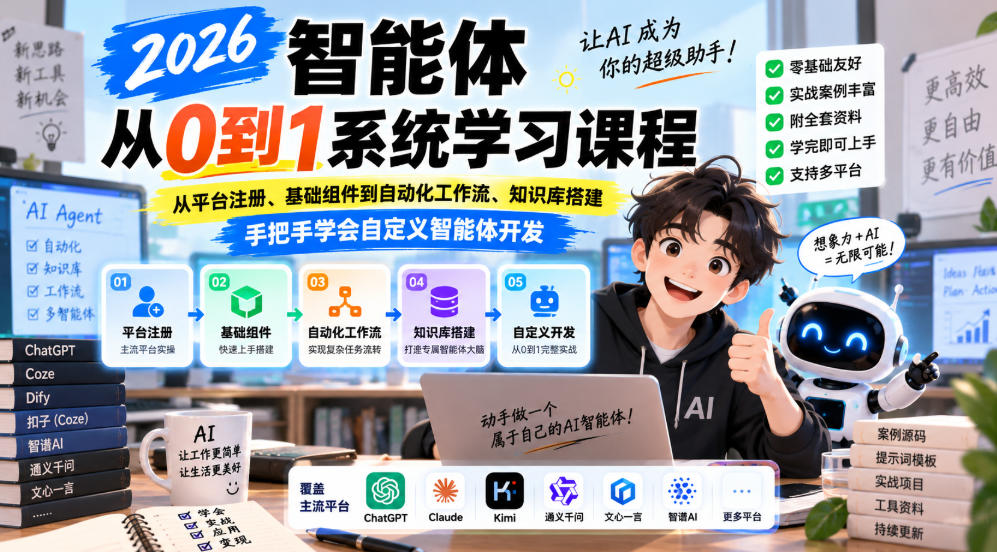 2026智能体从0到1系统学习课程，从平台注册、基础组件到自动化工作流、知识库搭建，手把手学会自定义智能体开发网创吧-网创项目资源站-副业项目-创业项目-搞钱项目网创吧