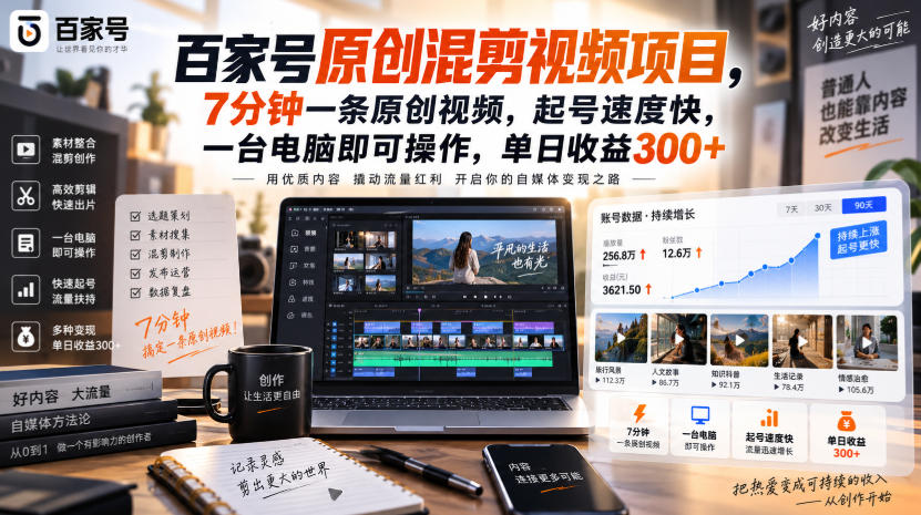 百家号原创混剪视频项目,7分钟一条原创视频,起号速度快,一台电脑即可操作,单日收益300+网创吧-网创项目资源站-副业项目-创业项目-搞钱项目网创吧