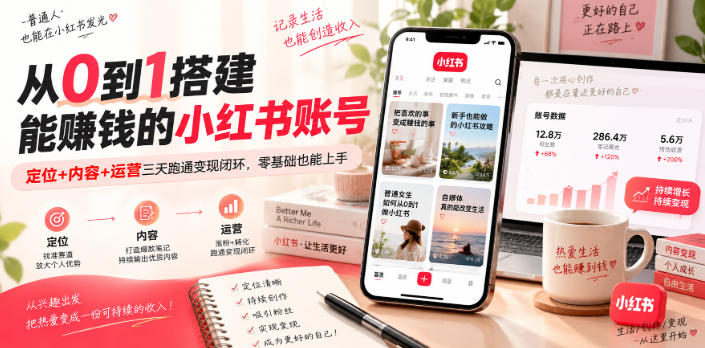 从0到1搭建能賺钱的小红书账号，定位+内容+运营三天跑通变现闭环网创吧-网创项目资源站-副业项目-创业项目-搞钱项目网创吧