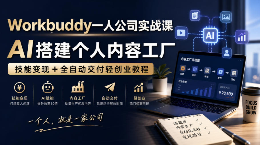 Workbuddy一人公司实战课,AI搭建个人内容工厂,技能变现+全自动交付轻创业教程网创吧-网创项目资源站-副业项目-创业项目-搞钱项目网创吧