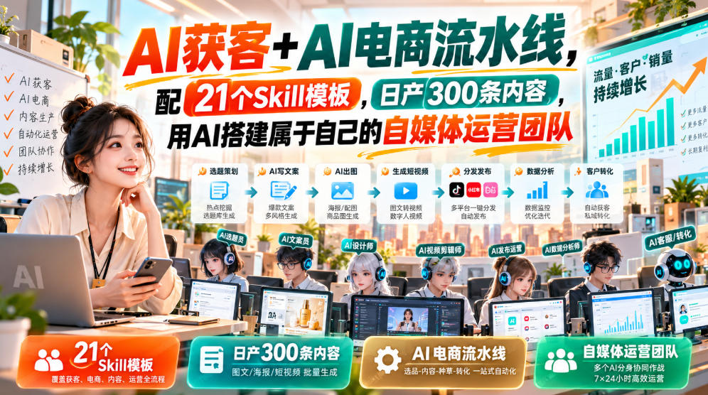 AI获客+AI电商流水线,配21个Skill模板,日产300条内容,用AI搭建属于自己的自媒体运营团队网创吧-网创项目资源站-副业项目-创业项目-搞钱项目网创吧
