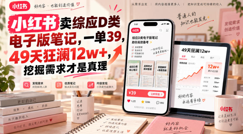 小红书卖综应D类电子版笔记，一单39，49天狂澜12w+，挖掘需求才是真理网创吧-网创项目资源站-副业项目-创业项目-搞钱项目网创吧
