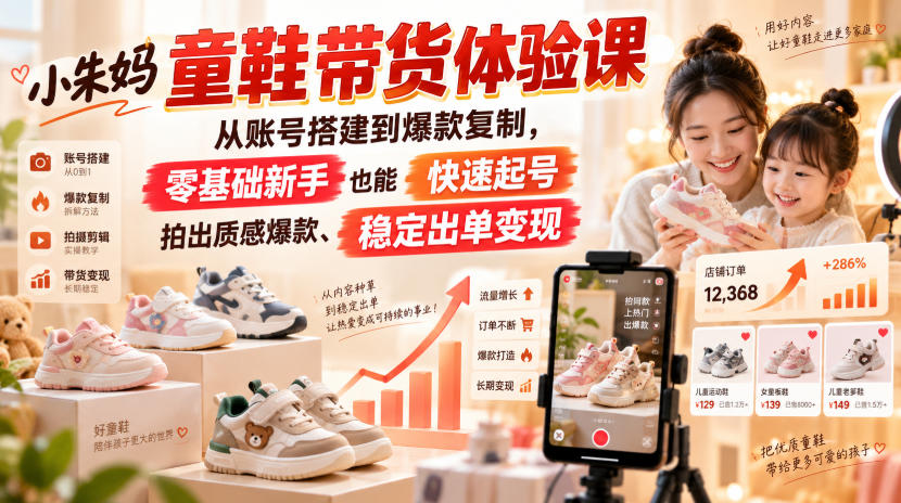 小朱妈童鞋带货体验课,从账号搭建到爆款复制,零基础新手也能快速起号、拍出质感爆款、稳定出单变现网创吧-网创项目资源站-副业项目-创业项目-搞钱项目网创吧