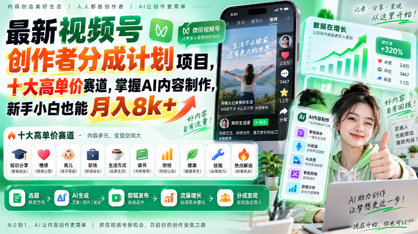 最新视频号创作者分成计划项目,十大高单价赛道,掌握AI内容制作,新手小白也能月入8k+网创吧-网创项目资源站-副业项目-创业项目-搞钱项目网创吧