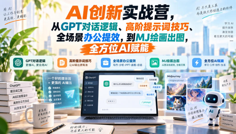AI创新实战营,从GPT对话逻辑、高阶提示词技巧、全场景办公提效,到MJ绘画出图,全方位AI赋能网创吧-网创项目资源站-副业项目-创业项目-搞钱项目网创吧