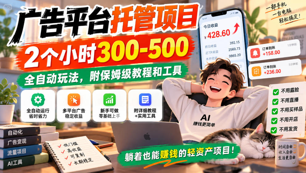广告平台托管项目，2个小时300-500，全自动玩法，附保姆级教程和工具，小白照着就能做【揭秘】网创吧-网创项目资源站-副业项目-创业项目-搞钱项目网创吧