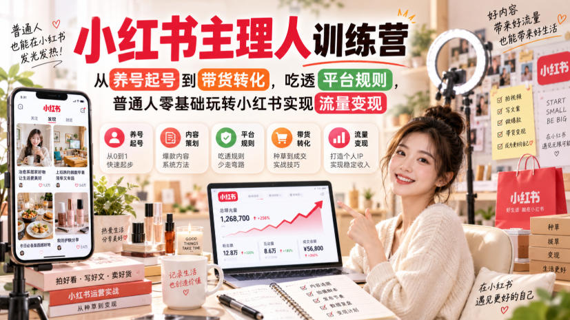 小红书主理人训练营,从养号起号到带货转化,吃透平台规则,普通人零基础玩转小红书实现流量变现网创吧-网创项目资源站-副业项目-创业项目-搞钱项目网创吧