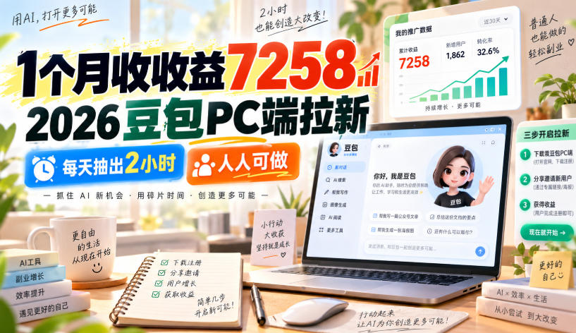 1个月收收益7258，2026豆包PC端拉新，每天抽出2小时，人人可做网创吧-网创项目资源站-副业项目-创业项目-搞钱项目网创吧