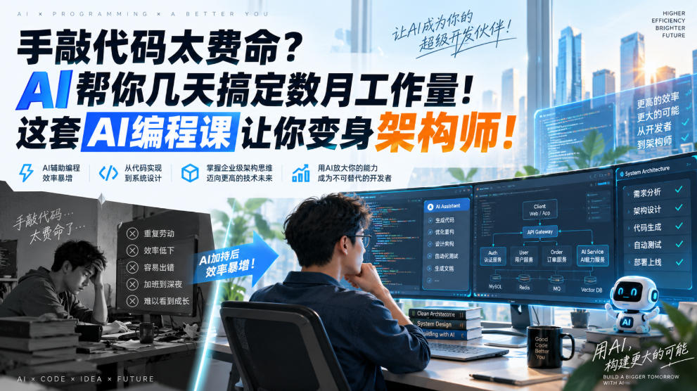 手敲代码太费命?AI帮你几天搞定数月工作量!这套AI编程课让你变身架构师!【原创双语字幕】网创吧-网创项目资源站-副业项目-创业项目-搞钱项目网创吧
