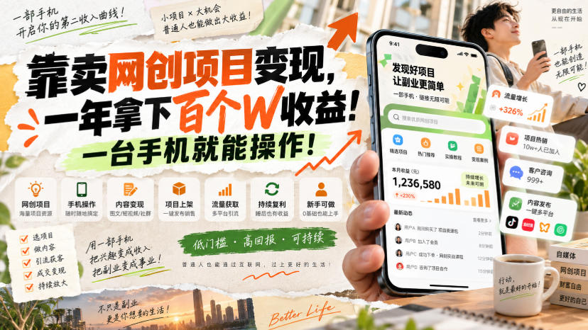 靠卖网创项目变现,一年拿下百个W收益!一台手机就能操作!【揭秘】网创吧-网创项目资源站-副业项目-创业项目-搞钱项目网创吧