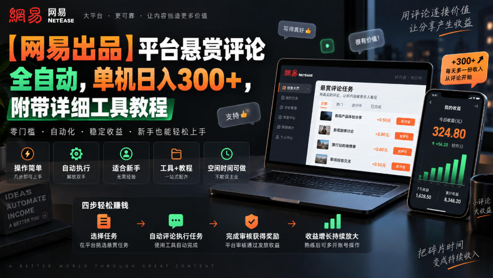 【网易出品】平台悬赏评论全自动,单机日入300+,附带详细工具教程【揭秘】网创吧-网创项目资源站-副业项目-创业项目-搞钱项目网创吧