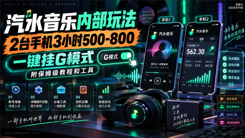 汽水音乐内部玩法,2台手机3小时500-800,一键挂G模式,附保姆级教程和工具【揭秘】网创吧-网创项目资源站-副业项目-创业项目-搞钱项目网创吧