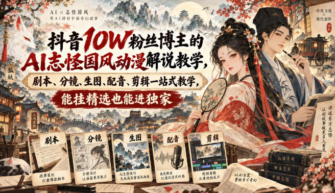 抖音10W粉丝博主的AI志怪国风动漫解说教学，剧本、分镜、生图、配音、剪辑一站式教学，能挂精选也能进独家​网创吧-网创项目资源站-副业项目-创业项目-搞钱项目网创吧