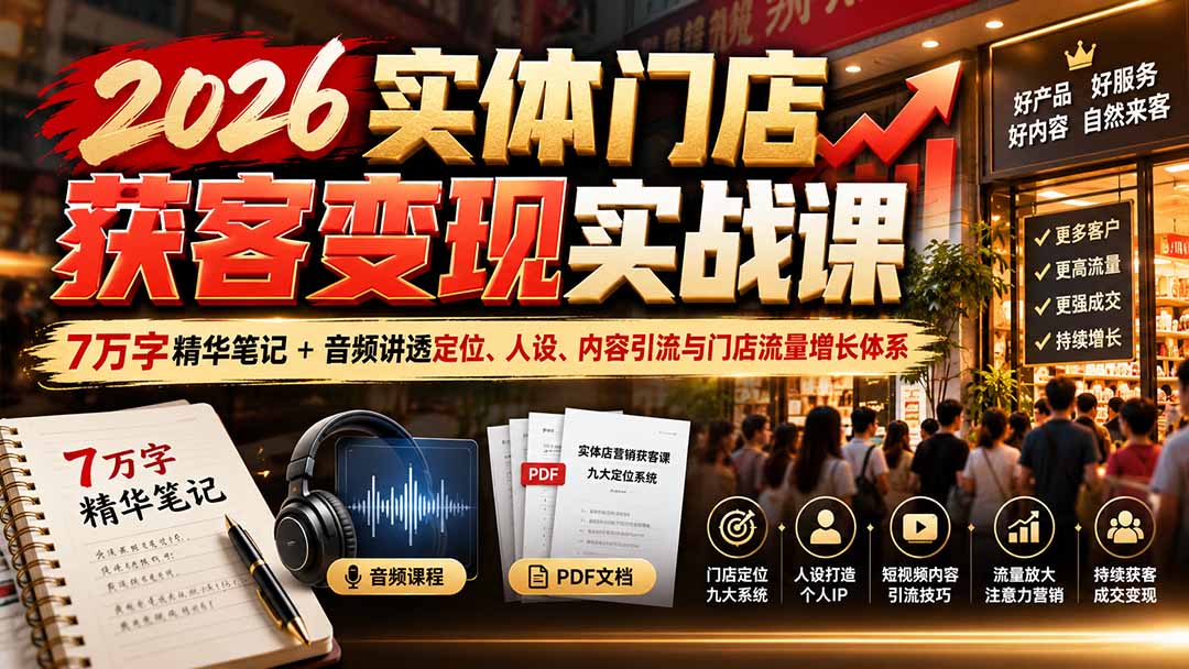 （20832期）2026实体门店获客变现实战课：7万字精华笔记+音频讲透定位、人设、内容引流与门店流量增长体系网创吧-网创项目资源站-副业项目-创业项目-搞钱项目网创吧
